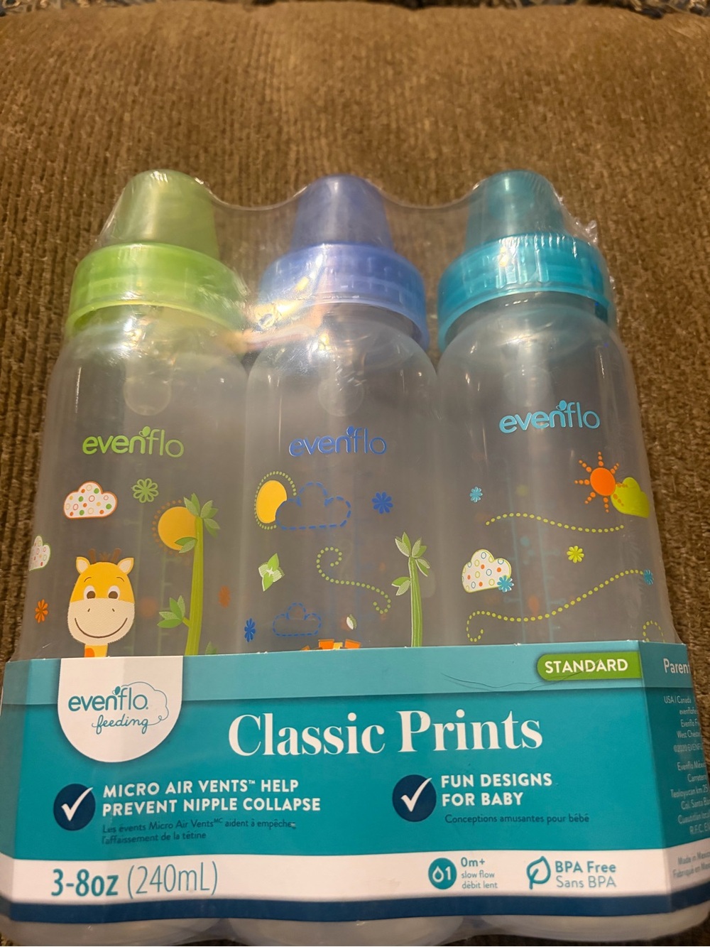 New Evenflo Classic Prints Baby Bottles - Green, Blue, Teal (3-Pack)